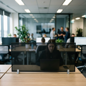 Woman working on laptop behind a desk divider in a shared office space