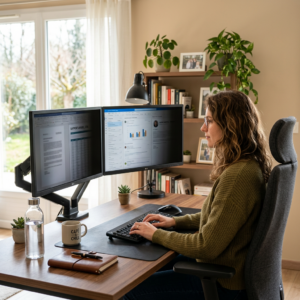 Woman typing on keyboard at desk with dual computer monitors displaying reports and charts